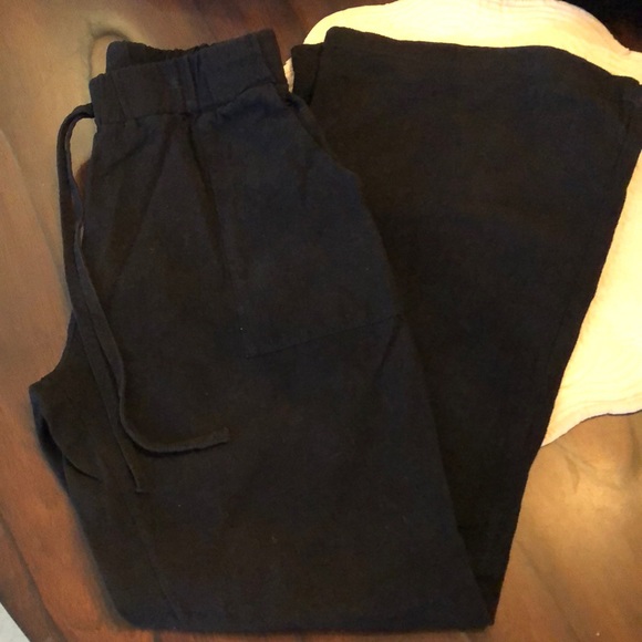 🖤 Linen blend flare bottom high elastic tie waist pocket pants - Picture 2 of 7